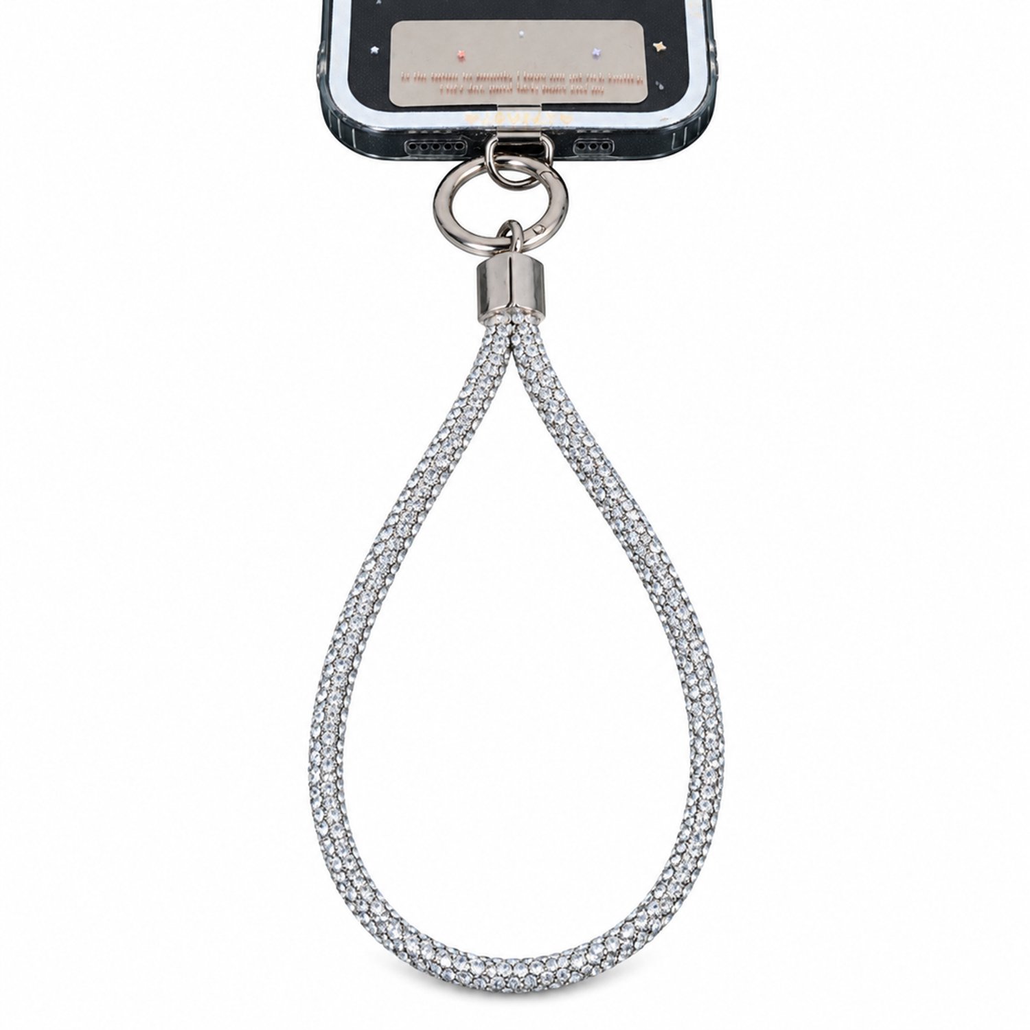 Telefoonkoord voor de pols, zilver met witte strasssteentjes, metalen sluiting en bevestigingsplaatje, individueel verpakt