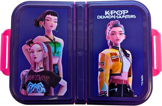 Bovenaanzicht van een paarse lunchtrommel met K-pop Demon Hunters-personages op het deksel.