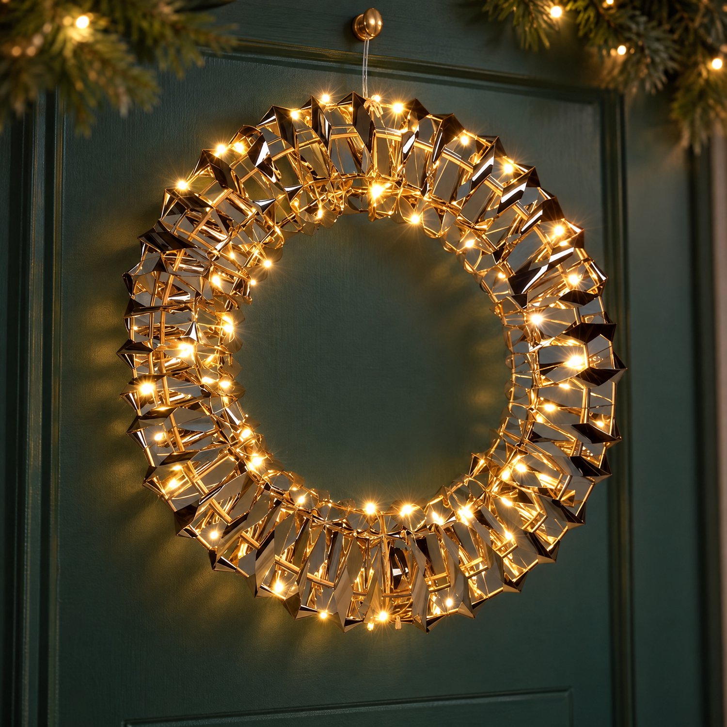 Levano Kerstkrans met Verlichting Goud - 50 LED - Kerstverlichting op Batterij - Kerstdecoratie voor Binnen - Kerstlampjes met Timer - Kerstverlichting Raam - Lichtkrans - LED Krans - Warm Wit - Gouden Krans - Deurkrans - Raamkrans - Kerstring