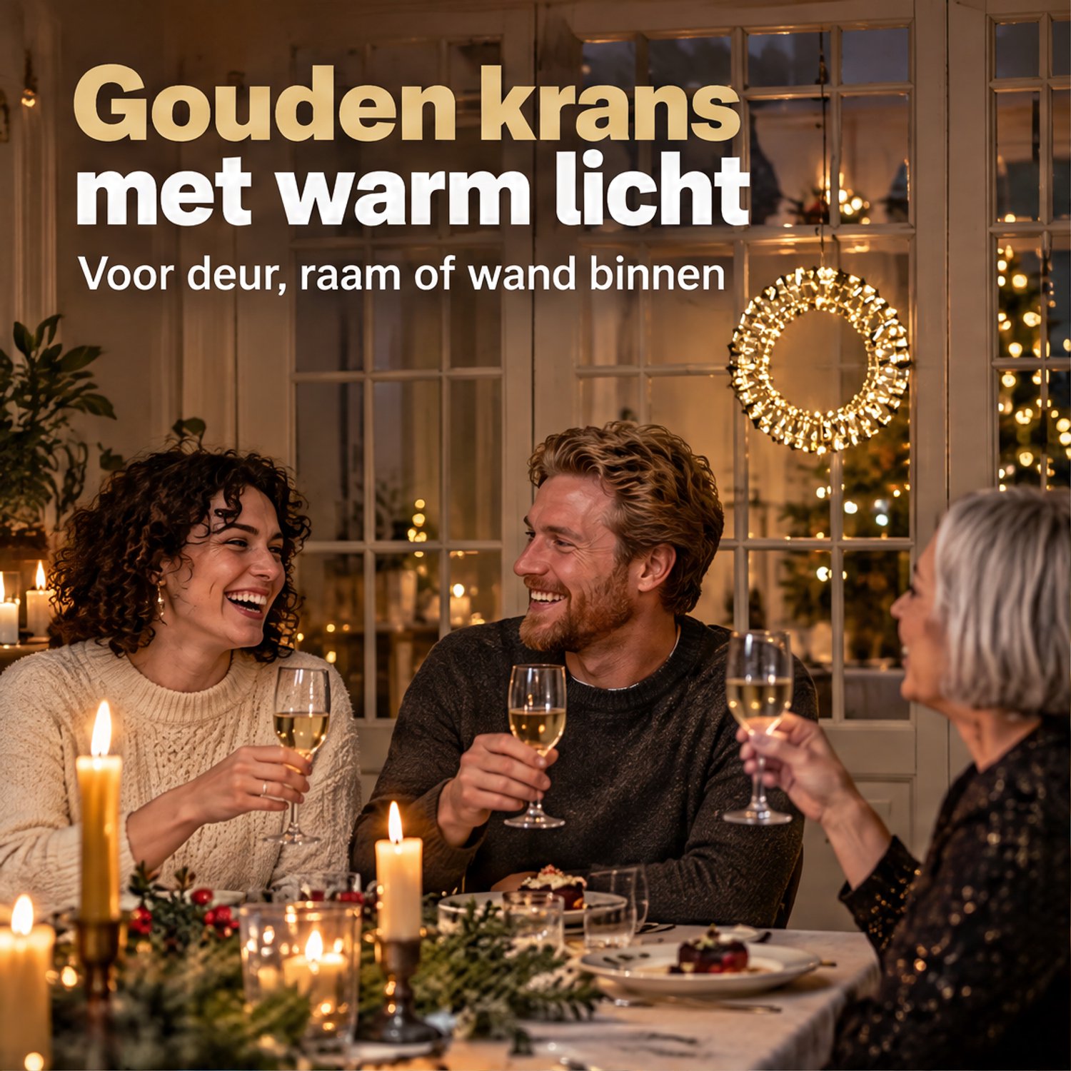 Levano Kerstkrans met Verlichting Goud - 50 LED - Kerstverlichting op Batterij - Kerstdecoratie voor Binnen - Kerstlampjes met Timer - Kerstverlichting Raam - Lichtkrans - LED Krans - Warm Wit - Gouden Krans - Deurkrans - Raamkrans - Kerstring – foto 2
