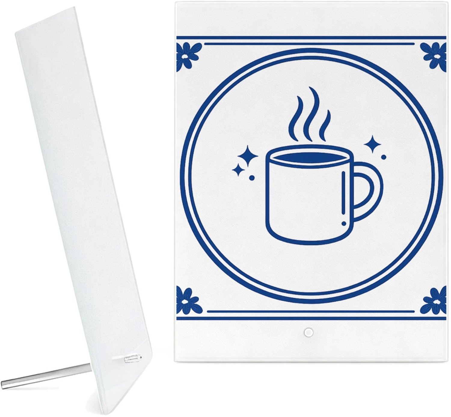 Mr Cadeautjes Glazen fotopaneel Klassieke tegel met luchtige ochtendhumor rond koffie en cha - 15 x 20 cm, staand - glas, decoratie, wanddecoratie | cadeau Wit