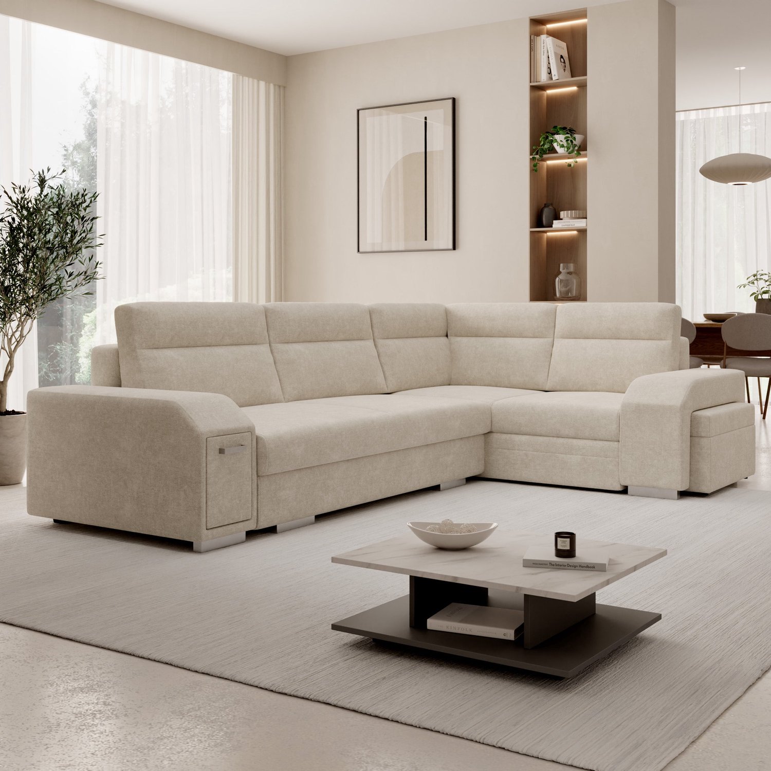 MEUBELLA Aurem - Hoekbank 4-zits met poef - Stof beige - Rechts