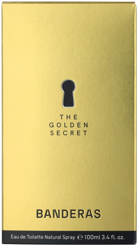 Gouden verpakking van Antonio Banderas The Golden Secret Eau de Toilette 100ml met sleutelgat-pictogram.