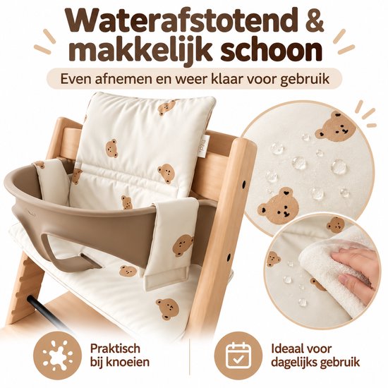 Stoelverkleiner Kinderstoel - Kussenset - Beertjes Print - Crème - Nylon - Zitkussen en Rugkussen - tot 26 cm Rug — afbeelding 3