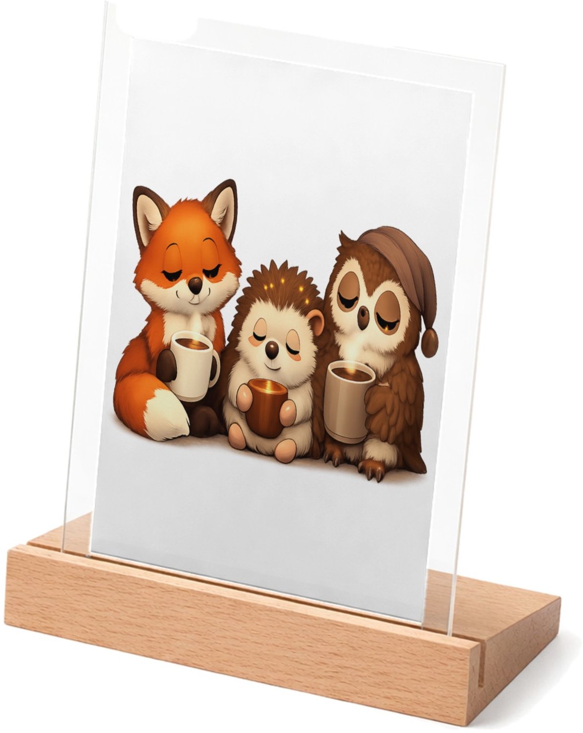 Mr Cadeautjes Glasframe met vaste tekst - design Een warme reeks van slaperige bosdieren met een ochtenddrank | cadeau Wit