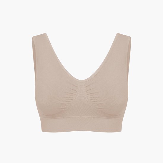 Beige naadloze V-hals bh met ademend patroon op de borst voor ultiem comfort.