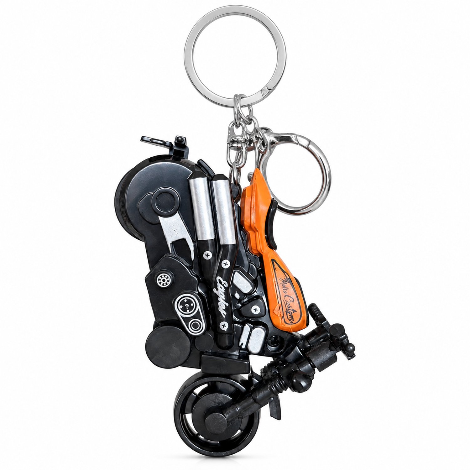 Sleutelhanger met oranje motorfietsmodel van legering, sleutelring en clip, ook als rugzakhanger, individueel verpakt