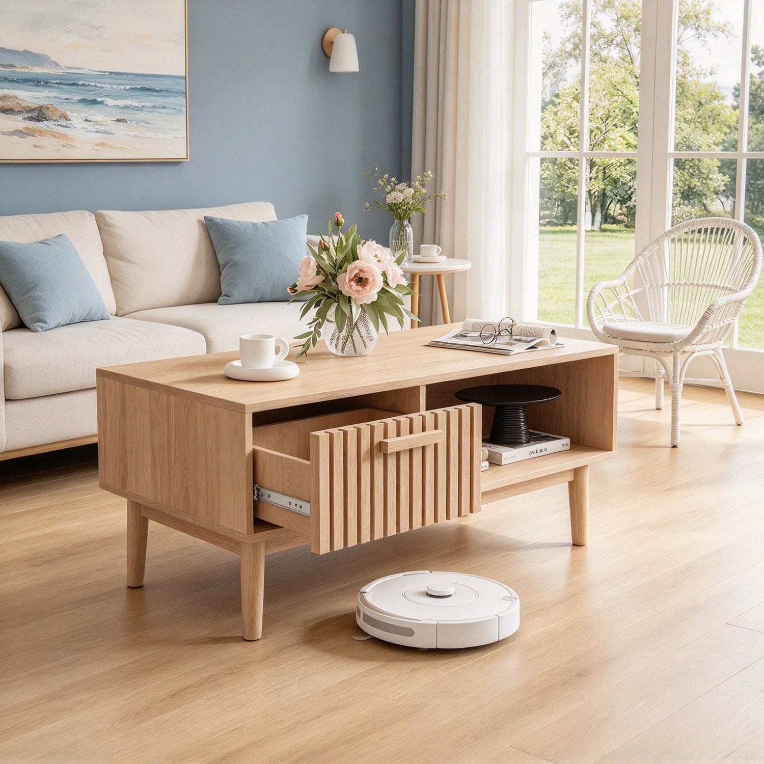 ROSAHQNDA Salontafel 100x50x43 cm, moderne koffietafel met 1 lade en open opbergvak, minimalistisch design voor woonkamer, natuurlijke houtkleur Naturel houtkleur