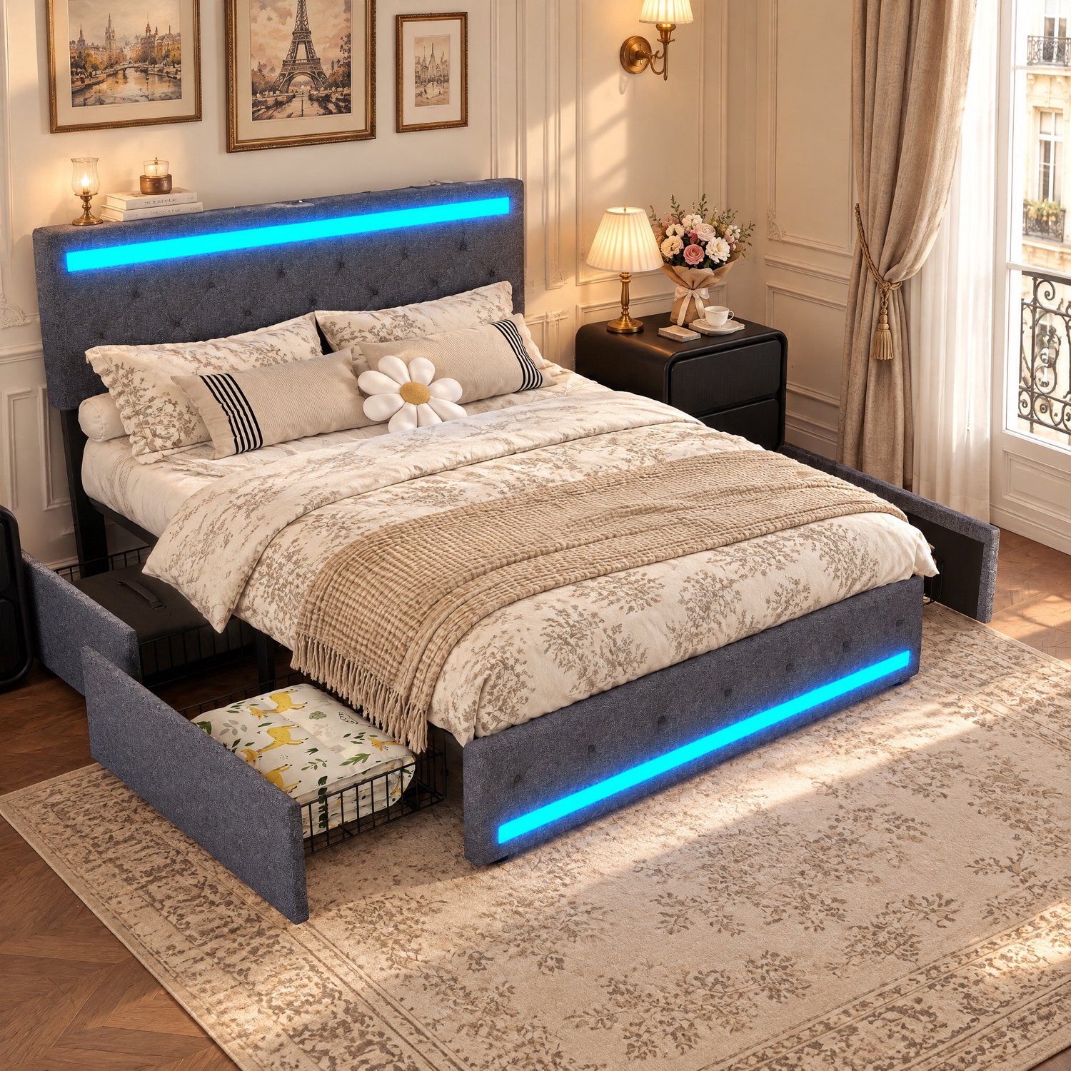 MEXUS Tweepersoonsbed 140x200 cm, bed met led- en usb-poorten, opbergbed met 4 lades, volwassenenbed met verstelbaar gestoffeerd hoofdeinde, bedframe met lattenbodem, linnen, donkergrijs.
