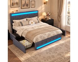 Tweepersoonsbed 140x200 cm, bed met led- en usb-poorten, opbergbed met 4 lades, volwassenenbed met verstelbaar gestoffeerd hoofdeinde, bedframe met lattenbodem, linnen, donkergrijs.