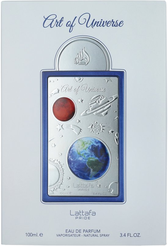 Witte rechthoekige parfumdoos 'Art of Universe' met een afbeelding van het parfumflesje, de aarde en planetaire motieven.