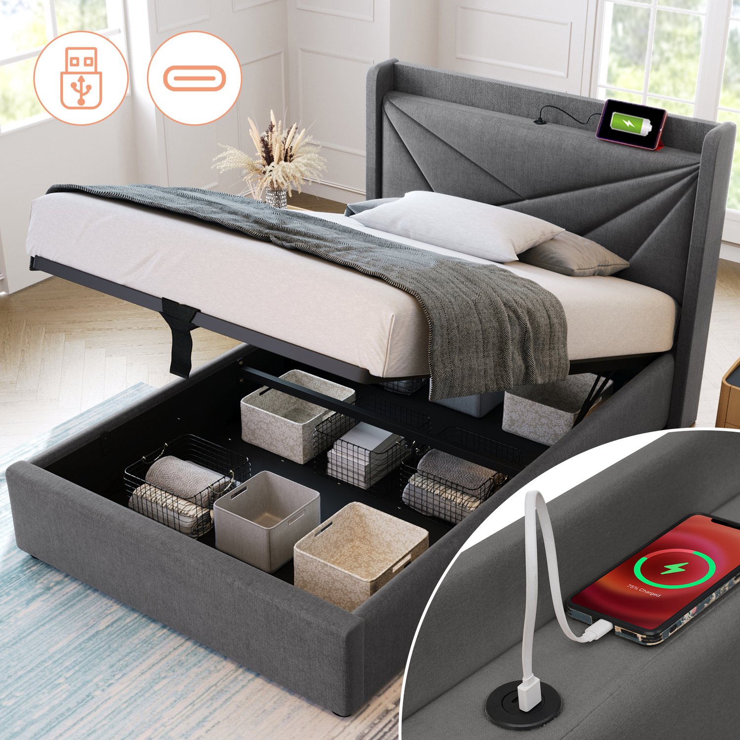 Vovtenza Gestoffeerd bed - eenpersoonsbed met opbergruimte - bedbox met USB Type-C oplaadfunctie - hoofdbord - bedden met opbergruimte - bedframe van linnen - kinderbed 90x200 met lattenbodem (zonder matras) Grijs