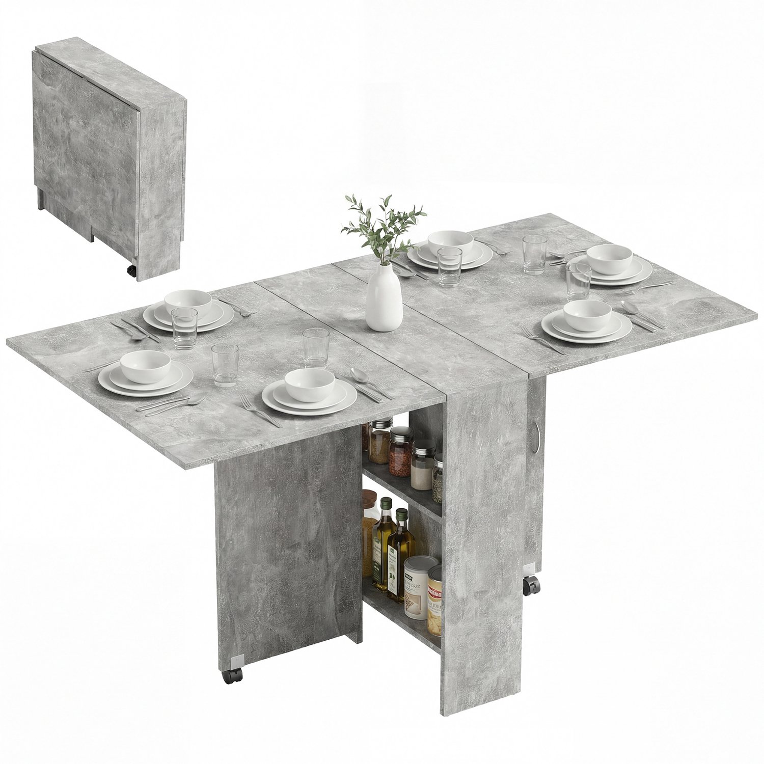 Lunpog Eettafel op wielen - Opklapbare/uitschuifbare eettafel - Ingebouwde planken - 75 x 140 x 74 cm - Grijs