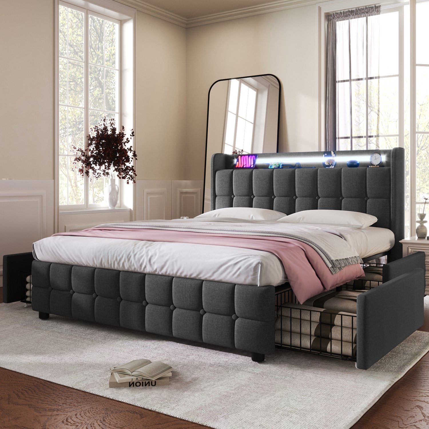 MUVANO Gestoffeerd tweepersoonsbed 180x200 cm - bed met ledverlichting en USB-aansluitingen - houten lattenbodem, vier opbergladen, grijs