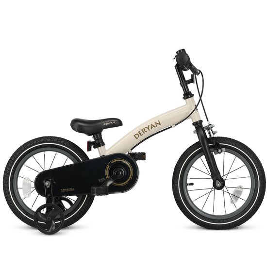 Beige Deryan 3-in-1 kinderfiets met zwart zadel, stuur en zwarte kettingkast met zijwieltjes.