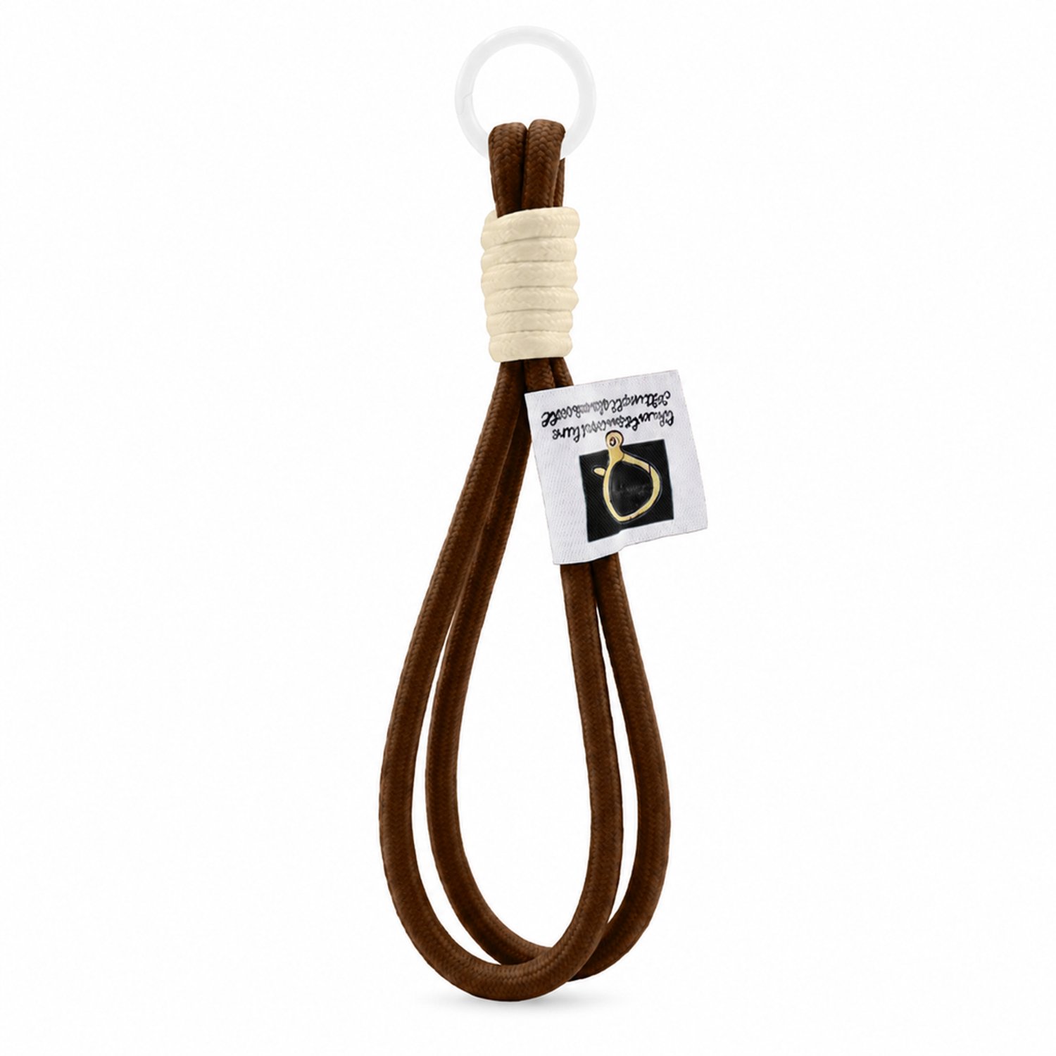 Telefoonkoord van gevlochten nylon - Kort polskoord met dubbele lus en ring - Koffiebruin met crèmekleurig accent
