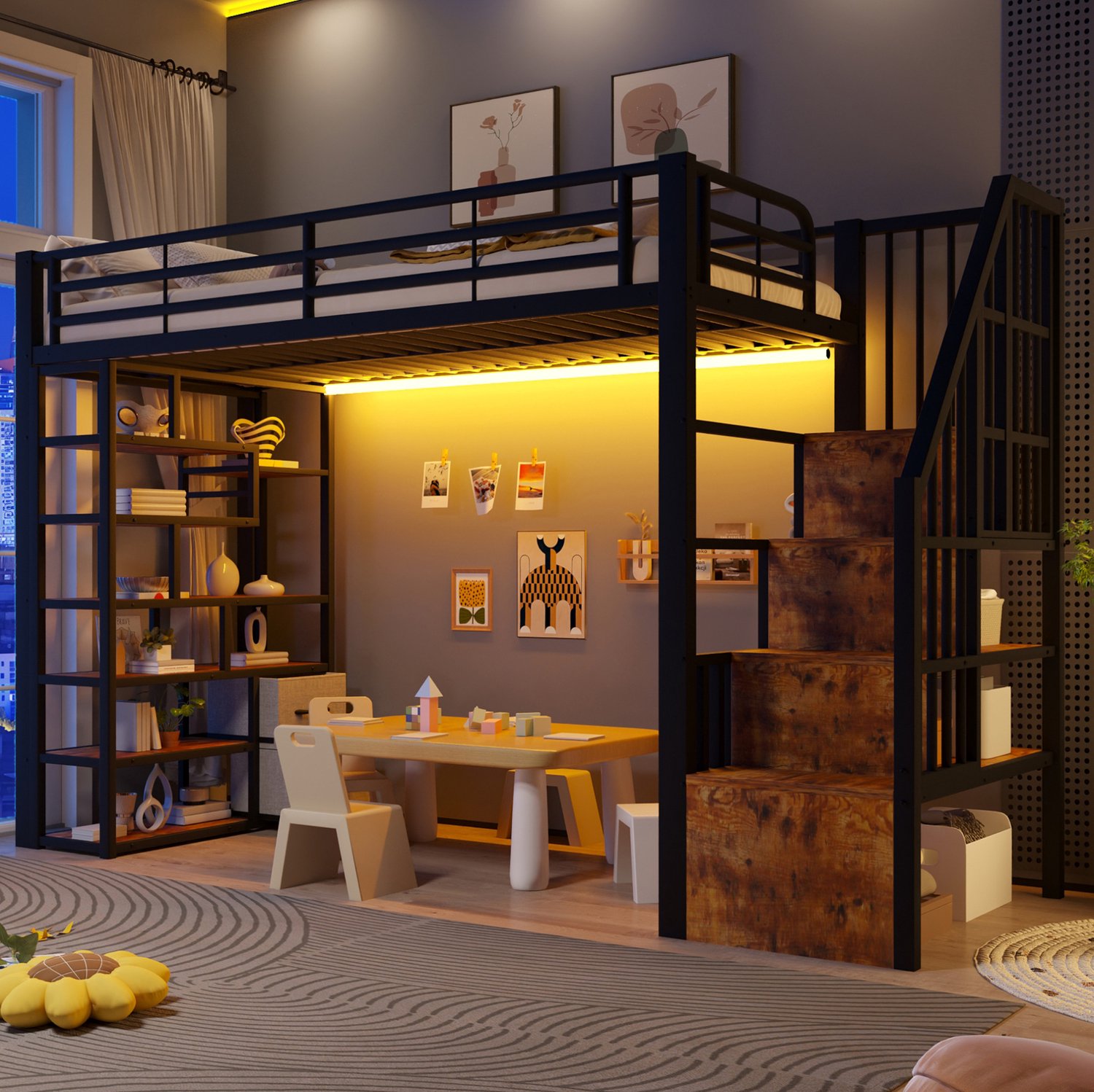 OKWISH Hoogslaper 90x200 cm - Met Trap en Uitvalbeveiliging - Opbergruimte, Stoffen Lades en Ledverlichting - Metaal en MDF - Zonder Matras - Zwart