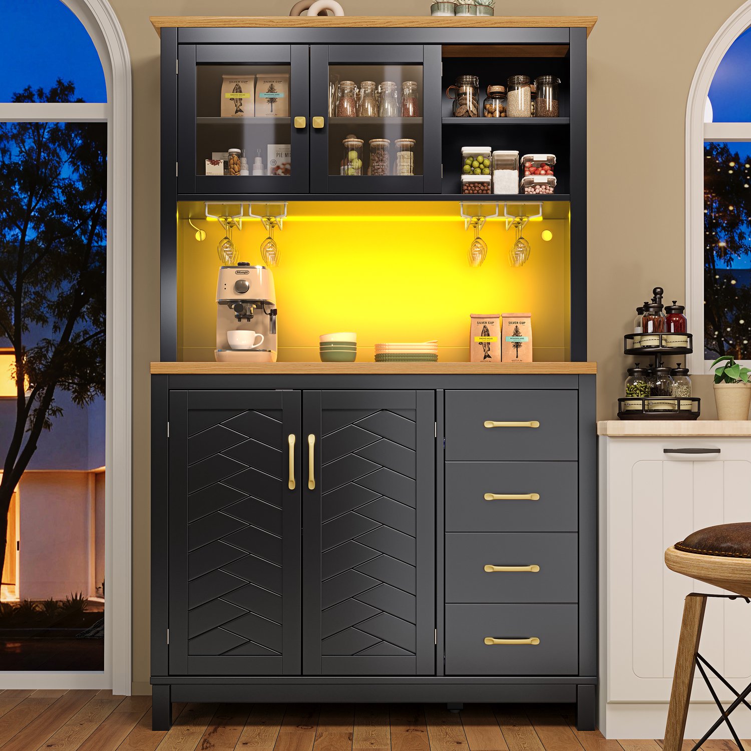 KOMHTOM Keukenkast - Landhuisstijl - Zwart - 105,5x40x180 cm - 4 deuren - Met LED-verlichtingsstrip en drankhouders