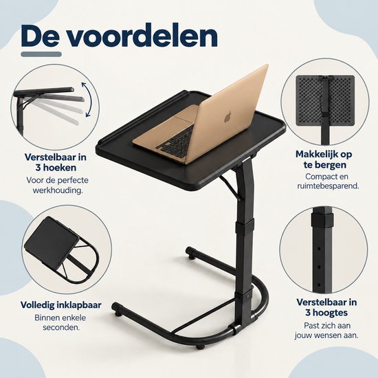 Overzicht van zwarte laptoptafel met verstelbare hoogte, hoeken en inklapbaar frame.