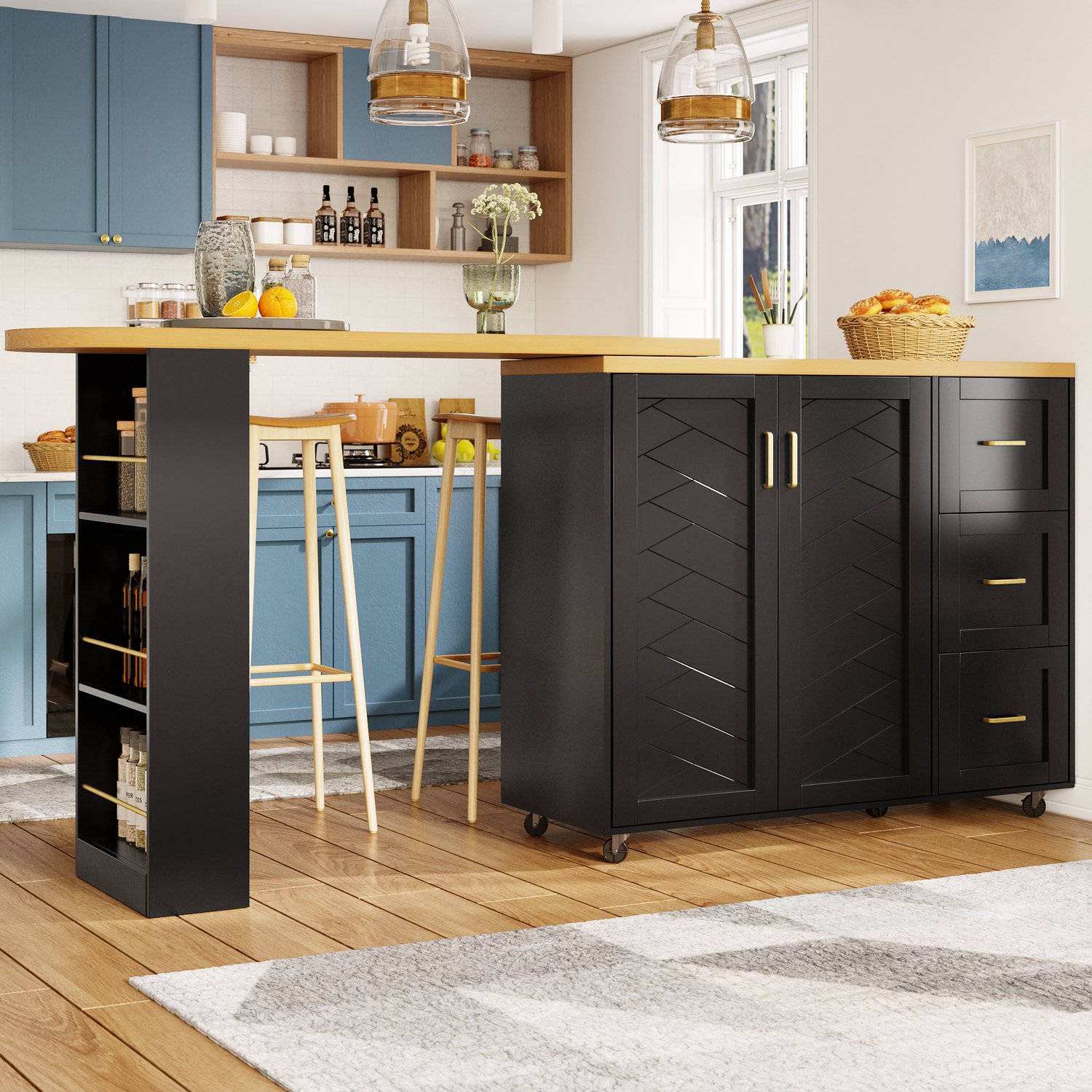 Wishdor Verlengbare bartafel op wielen - Uitschuifbaar tafelblad - 2 deuren en 3 lades met zijmand - 5 zwenkwielen met remmen - Keuken woonkamer eetkamer - MDF en metaal - Zwart - 135-228 x 39 x 104 cm