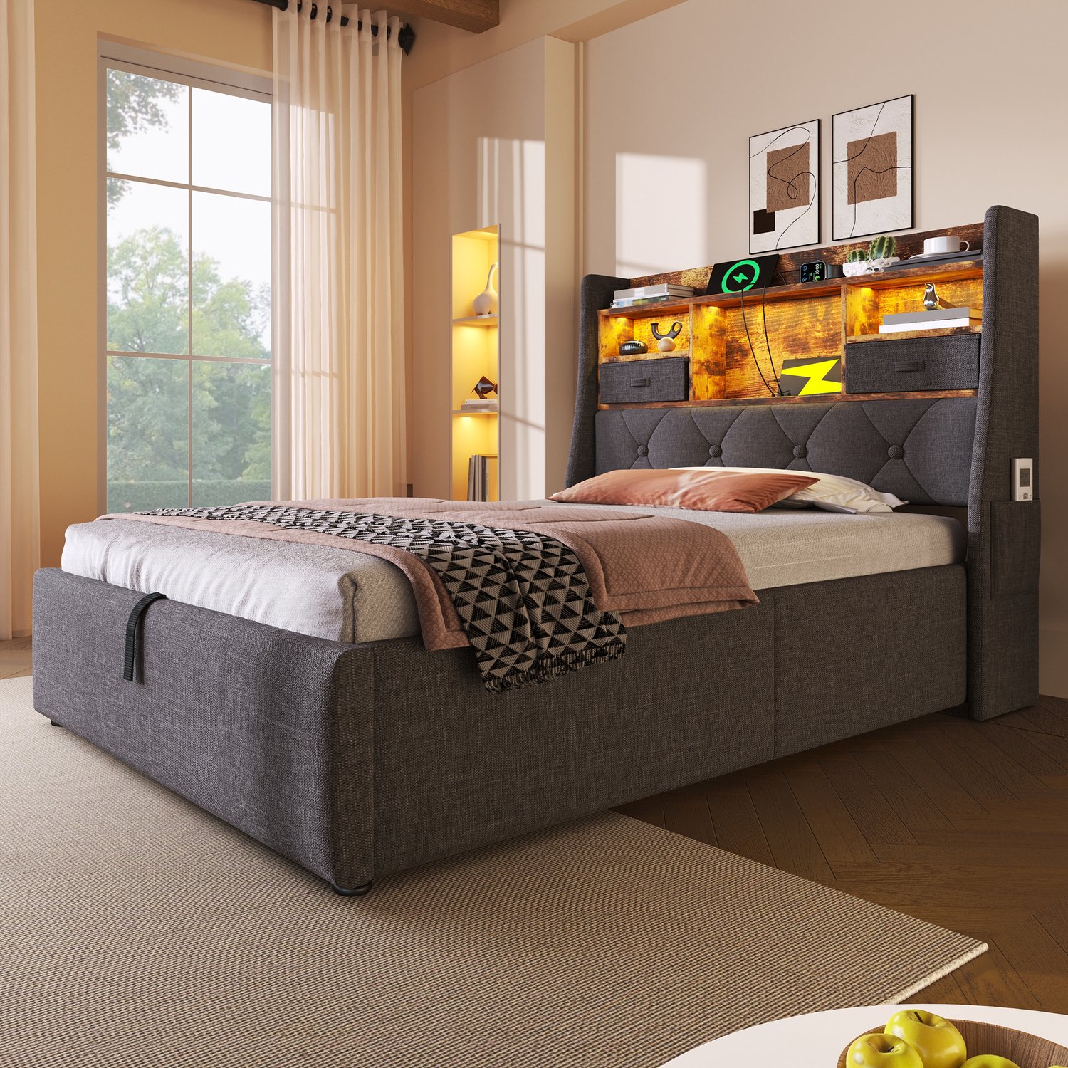 MUVANO Gestoffeerd opbergbed 90x200 cm - Eenpersoonsbed met ledhoofdbord en USB-C - Hydraulische lattenbodem - Linnen - Voor slaapkamer - Grijs