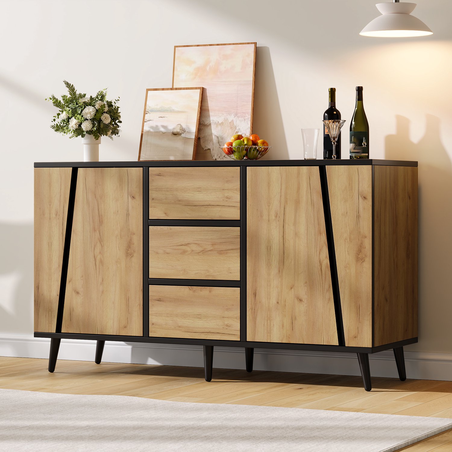 HAUSS SPOLE Dressoir - 2 Deuren En 3 Lades - Verstelbare Legplanken Voor Woonkamer En Eetkamer - Mdf En Spaanplaat - 120x35x70 Cm - Naturel En Zwart Naturel houtkleur en zwart