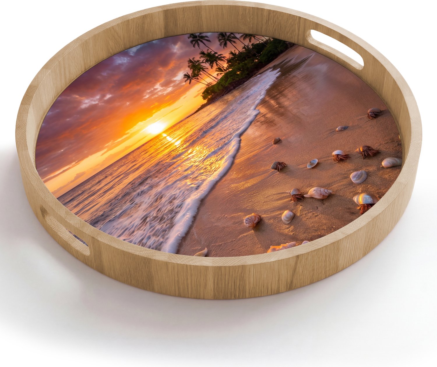 Dienblad rond 50x50 cm - Schootdienblad hout - Strand - Zonsondergang - Palmbomen - Natuur - Oranje - Borrelplank rechthoek - Plateau houten dienbladen