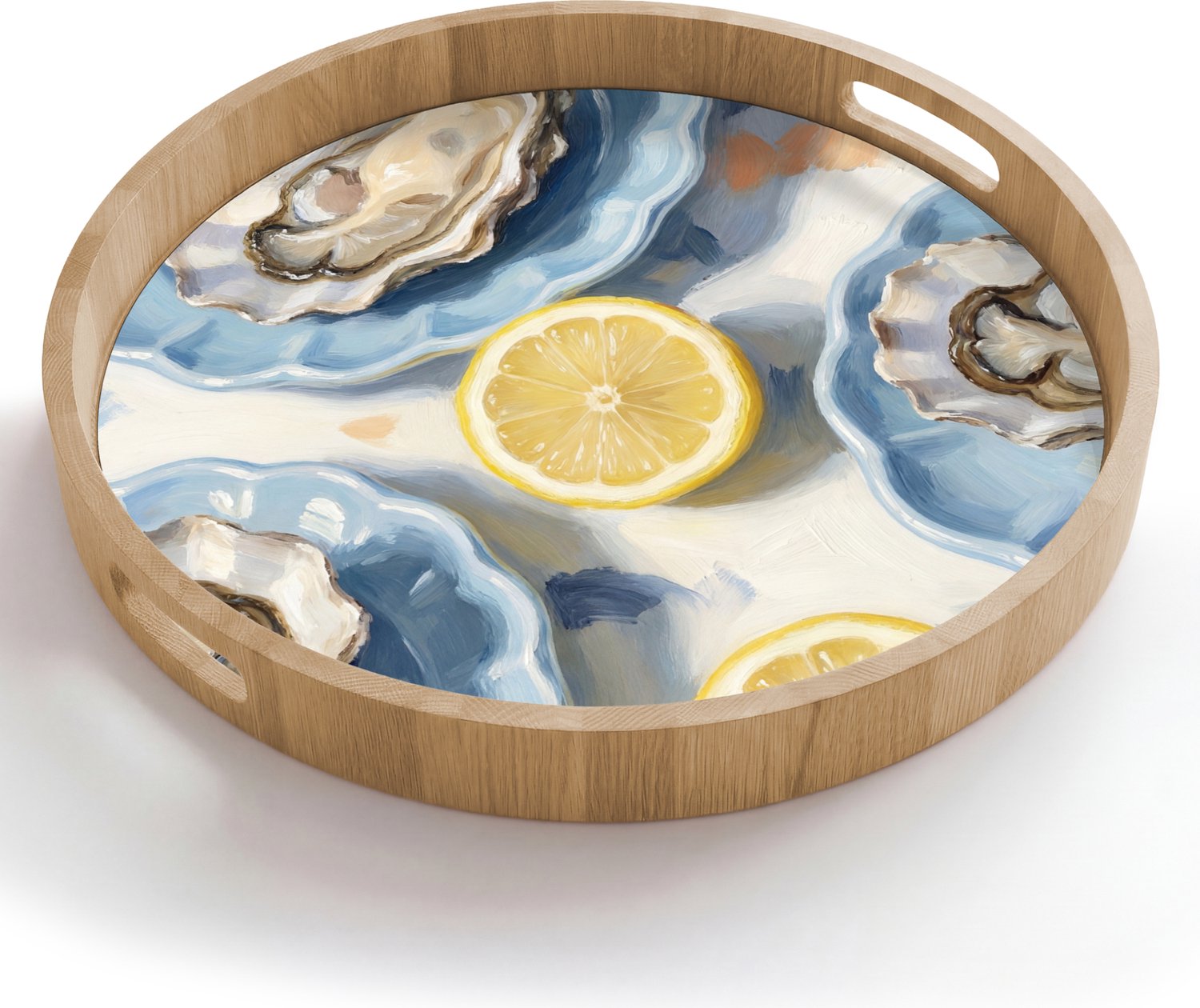 Dienblad rond 50x50 cm - Schootdienblad hout - Eten - Oesters - Citroenen - Modern - Geel - Borrelplank rechthoek - Plateau houten dienbladen