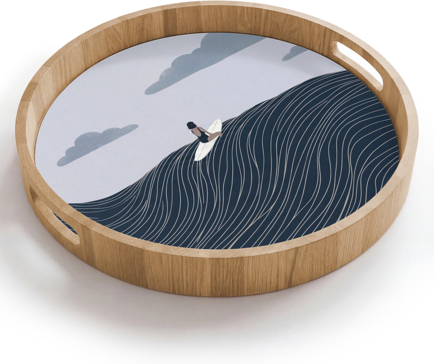 Dienblad rond 40x40 cm - Schootdienblad hout - Persoon - Surfen - Oceaan - Natuur - Modern - Borrelplank rechthoek - Plateau houten dienbladen