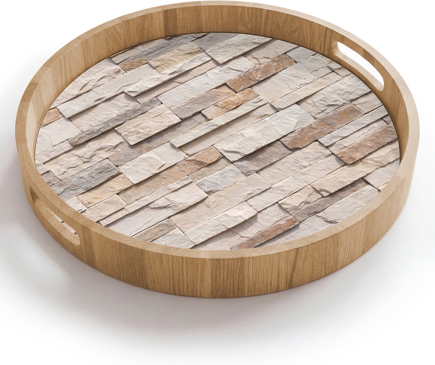 Dienblad rond 40x40 cm - Schootdienblad hout - Steen - Muur - Textuur - Rustiek - Beige - Borrelplank rechthoek - Plateau houten dienbladen