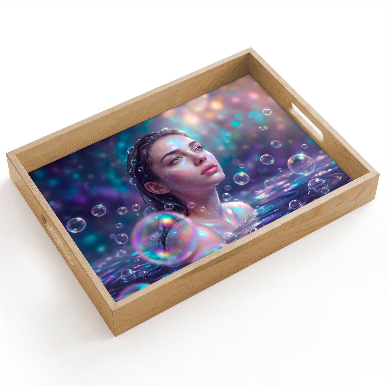 Dienblad hout 40x30 cm - Schootdienblad - Vrouw - Water - Portret - Kleurrijk - Modern - Borrelplank rechthoek - Plateau dienbladen