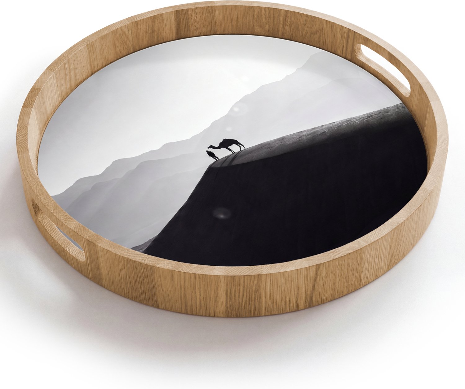 Dienblad rond 40x40 cm - Schootdienblad hout - Mens - Kameel - Zandduin - Natuur - Monochroom - Borrelplank rechthoek - Plateau houten dienbladen