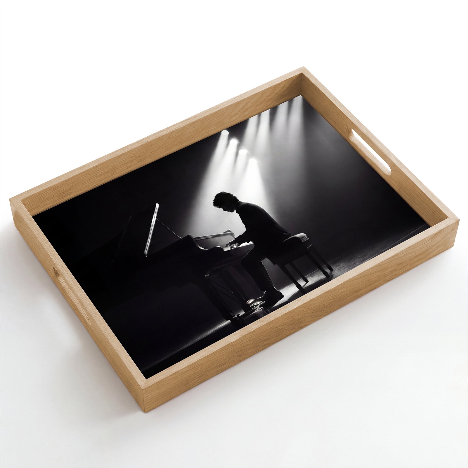 Dienblad hout 50x35 cm - Schootdienblad - Persoon - Piano - Muziek - Zwart-wit - Podium - Borrelplank rechthoek - Plateau dienbladen