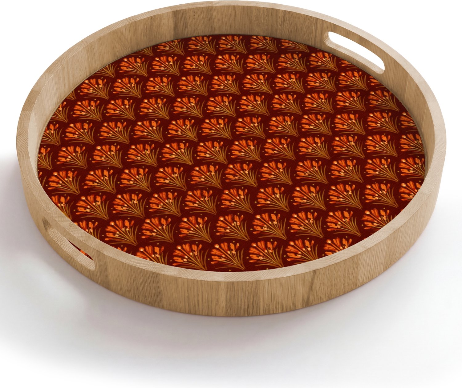 Dienblad rond 50x50 cm - Schootdienblad hout - Waaiers - Art Deco - Botanisch - Roestbruin - Oranje - Borrelplank rechthoek - Plateau houten dienbladen