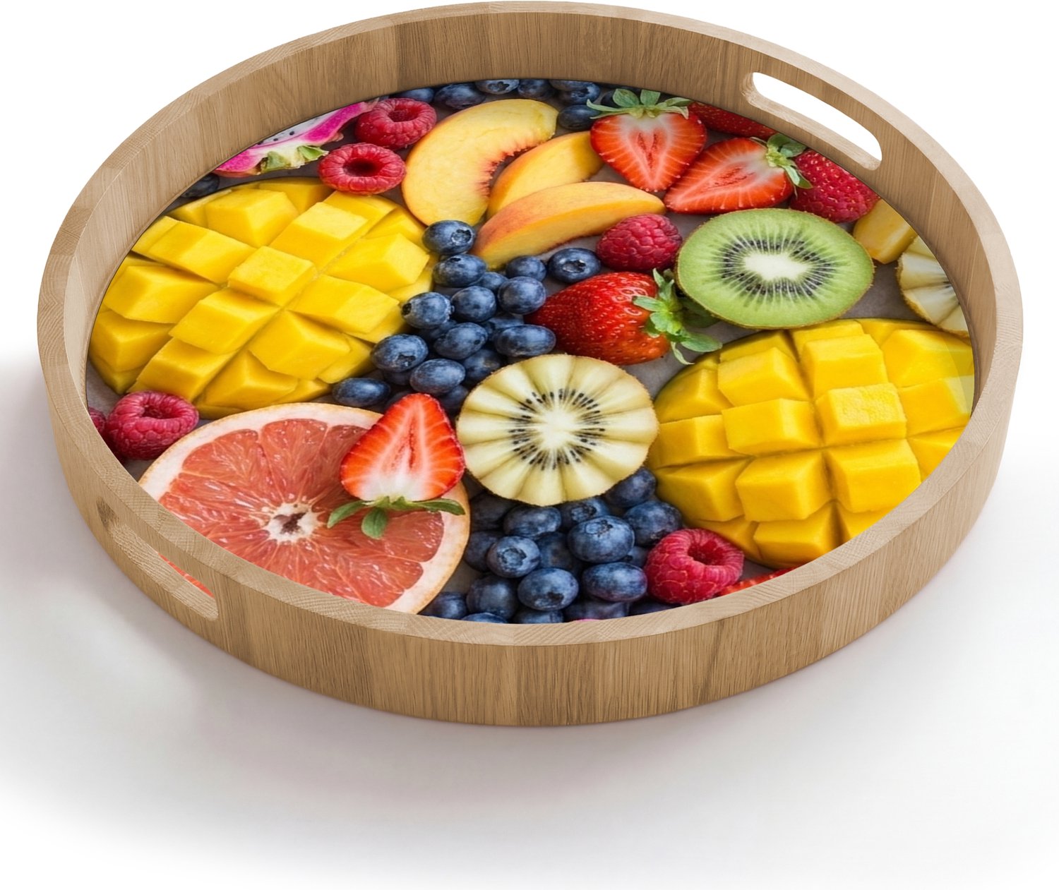 Dienblad rond 50x50 cm - Schootdienblad hout - Fruit - Versneden - Kleurrijk - Eten - Gezond - Borrelplank rechthoek - Plateau houten dienbladen