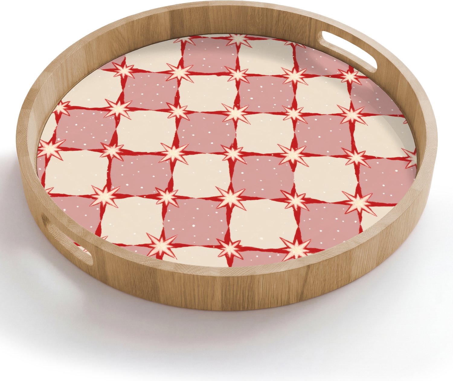 Dienblad rond 50x50 cm - Schootdienblad hout - Ruiten - Sterren - Vintage - Oudroze - Rood - Borrelplank rechthoek - Plateau houten dienbladen