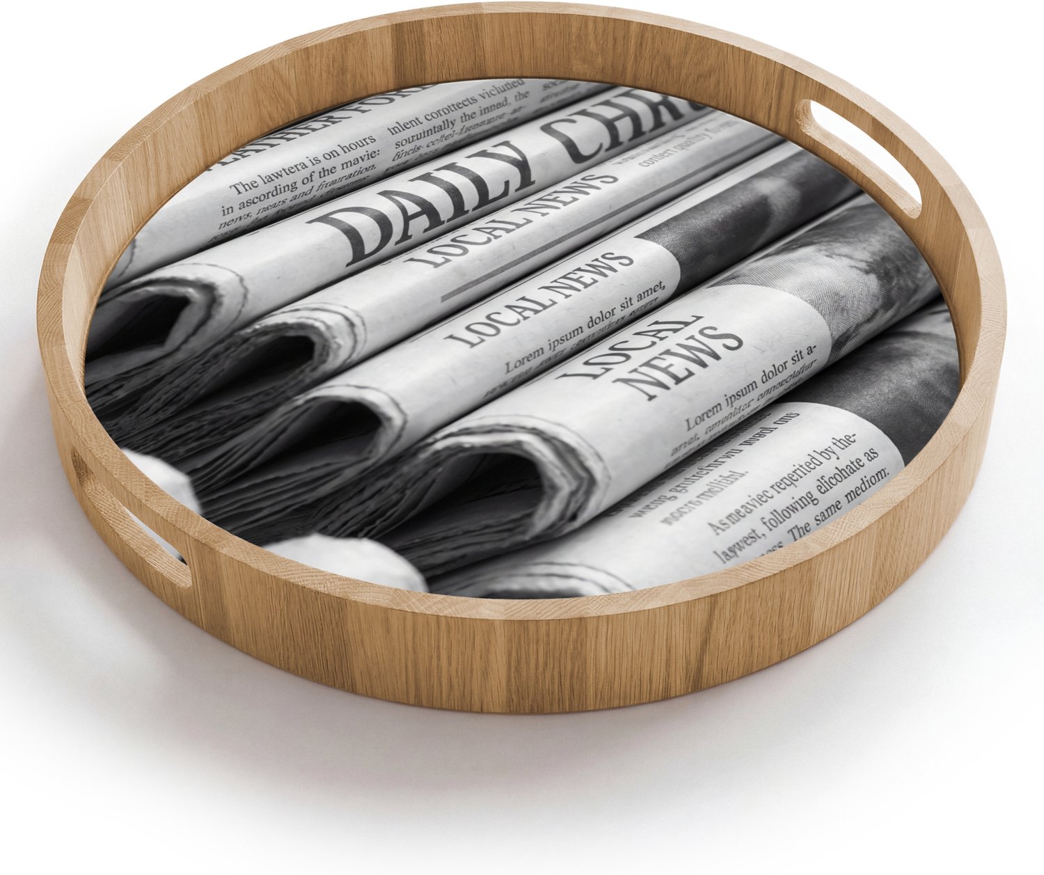 Dienblad rond 40x40 cm - Schootdienblad hout - Krant - Stapel - Nieuws - Zwart-wit - Media - Borrelplank rechthoek - Plateau houten dienbladen
