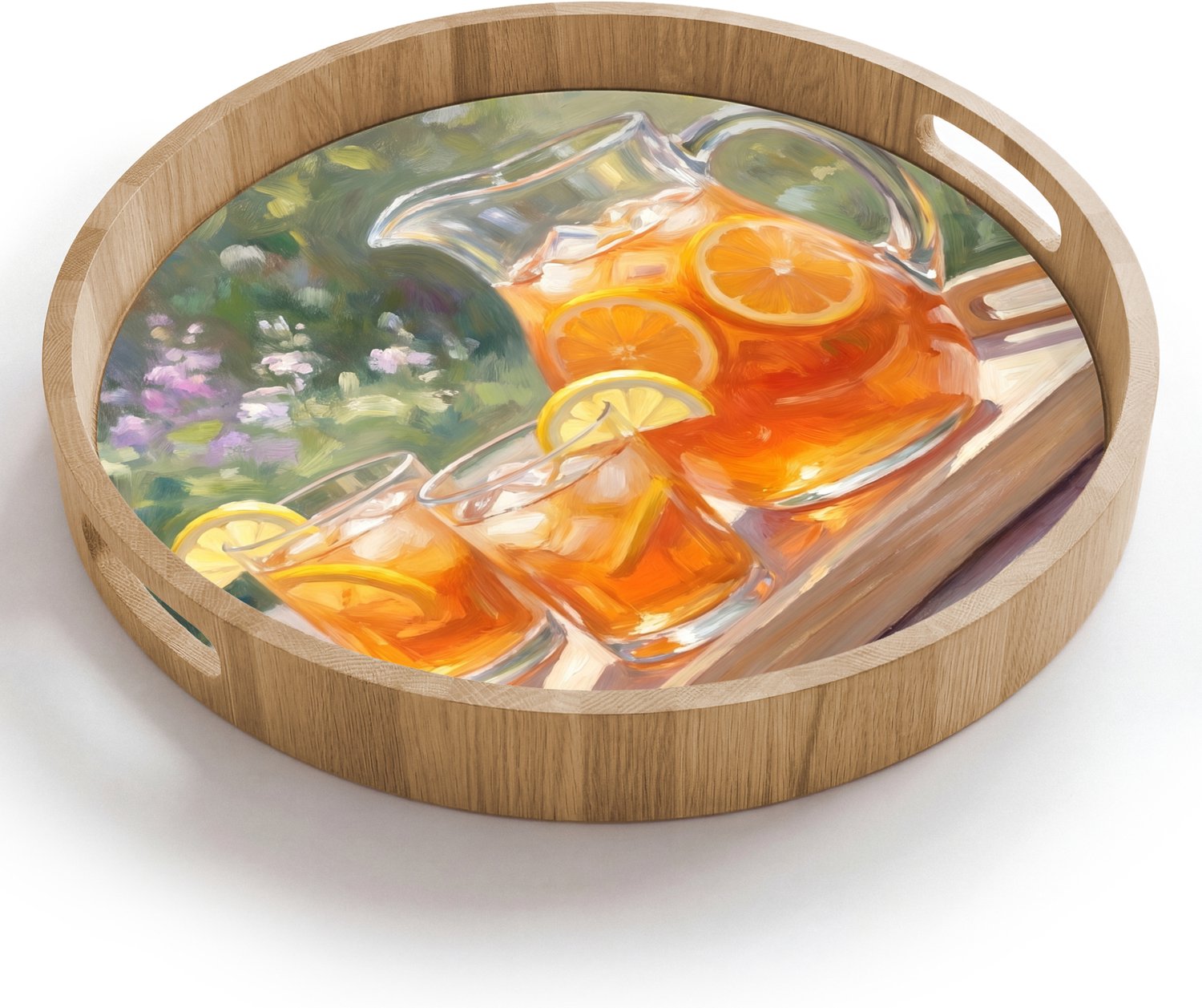 Dienblad rond 40x40 cm - Schootdienblad hout - Drank - Citroen - Zomer - Tuin - Geel - Borrelplank rechthoek - Plateau houten dienbladen