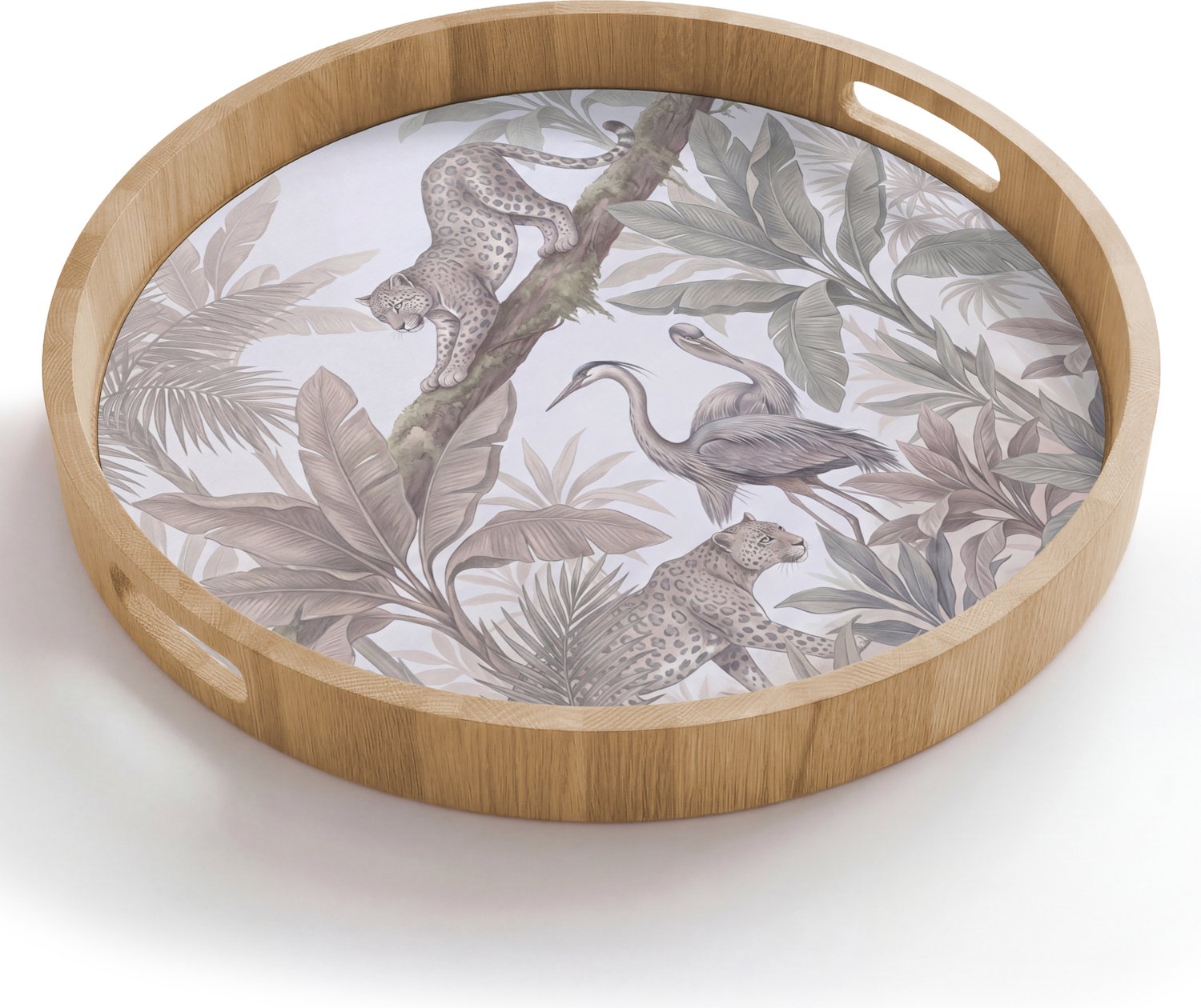 Dienblad rond 50x50 cm - Schootdienblad hout - Kat - Vogel - Jungle - Illustratie - Dieren - Borrelplank rechthoek - Plateau houten dienbladen
