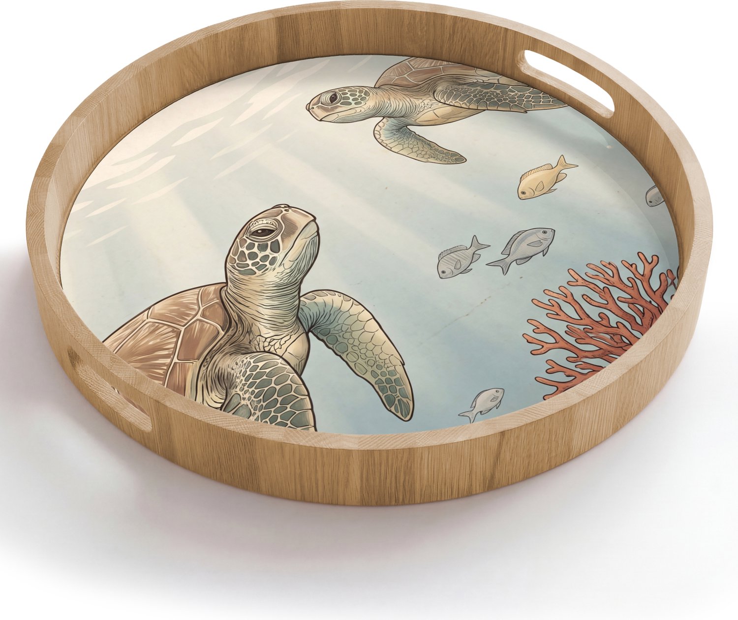 Dienblad rond 50x50 cm - Schootdienblad hout - Schildpad - Onderwater - Natuur - Illustratie - Borrelplank rechthoek - Plateau houten dienbladen