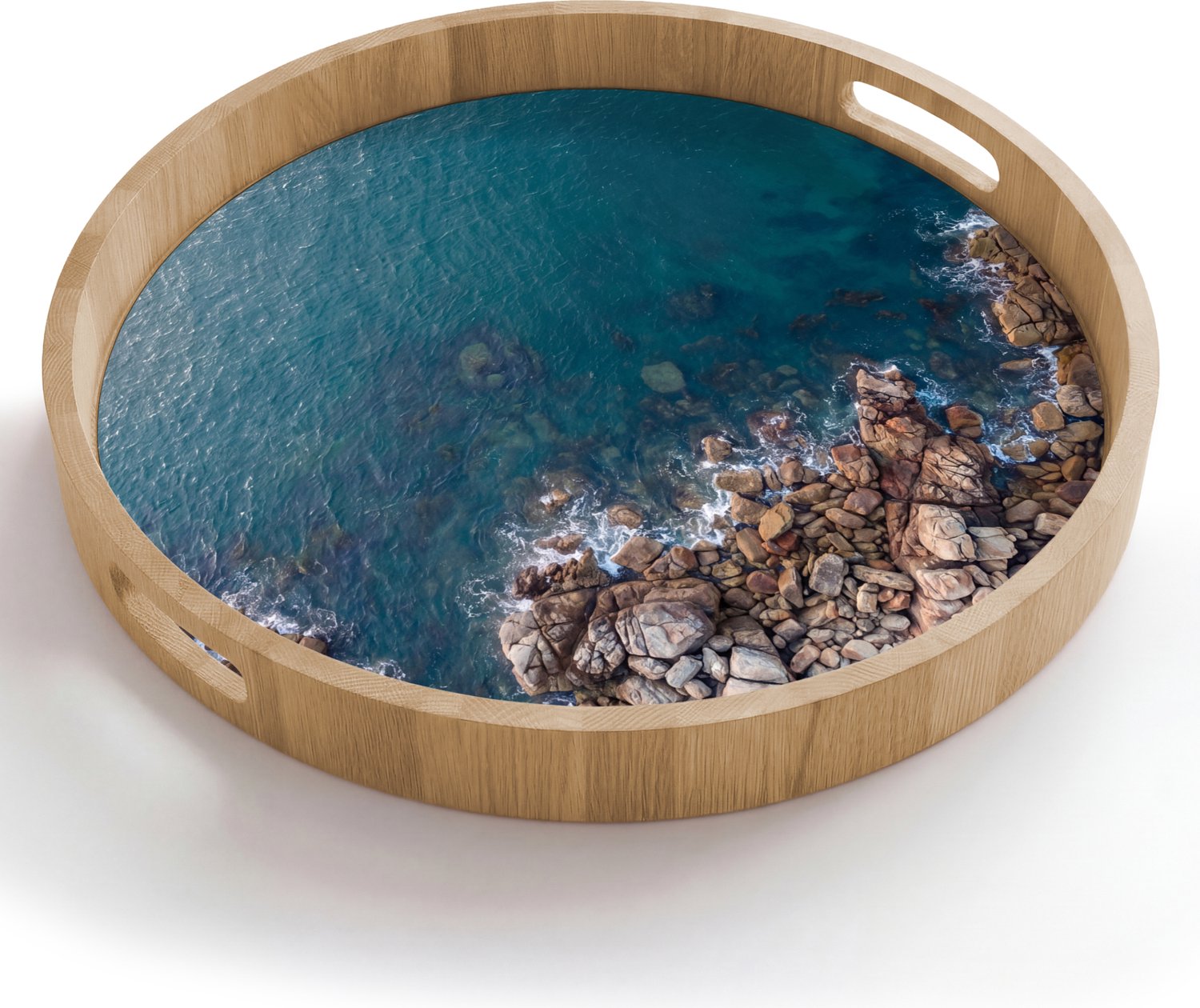 Dienblad rond 50x50 cm - Schootdienblad hout - Zee - Kustlijn - Natuur - Abstract - Blauw - Borrelplank rechthoek - Plateau houten dienbladen