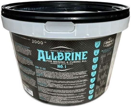 Zwarte emmer van 2000 gram Allbrine No.1 voor pekelen en drogen met blauwe tekst en gebruiksaanwijzing.
