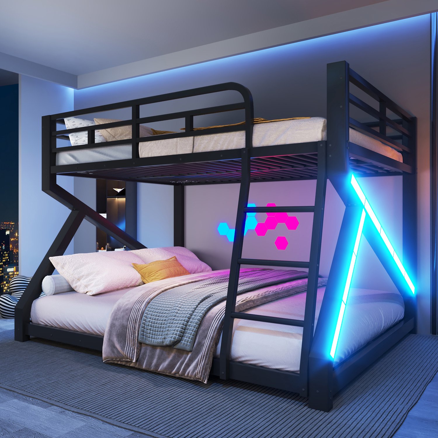 Zubaliya 140 x 200 cm, 160 x 200 cm stapelbed, ijzeren frame, kinderbed, met LED-lichtstrip, veiligheidshek, ladder, zonder matras, zwart