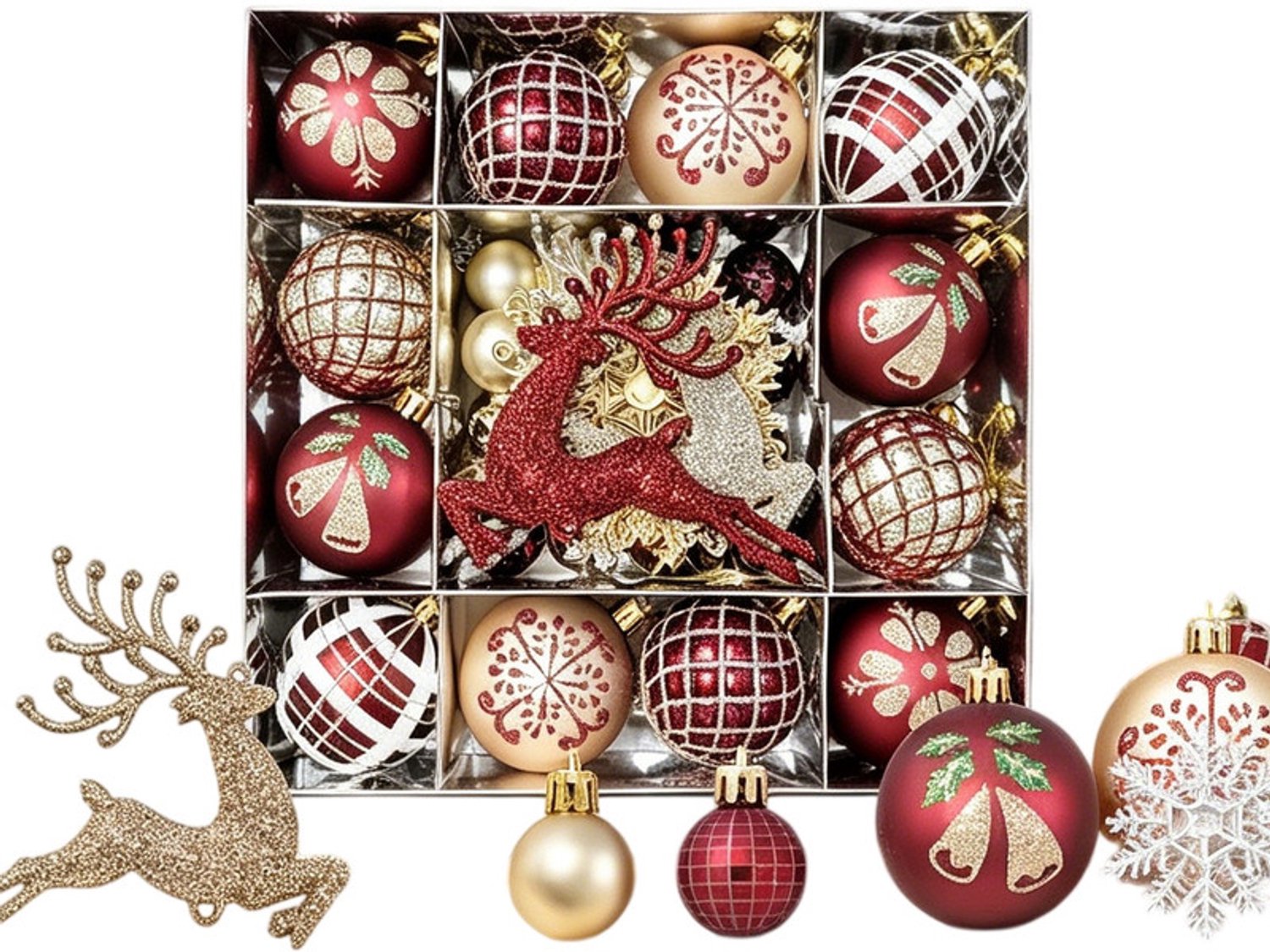 Kerstversiering – Set van 45 gouden kerstballen-met een diameter van 6 cm; decoratieve kunststof ornamenten voor in de kerstboom-ook geschikt voor gebruik in kransen-slingers en diverse andere kerstdecoraties-Rood-goud