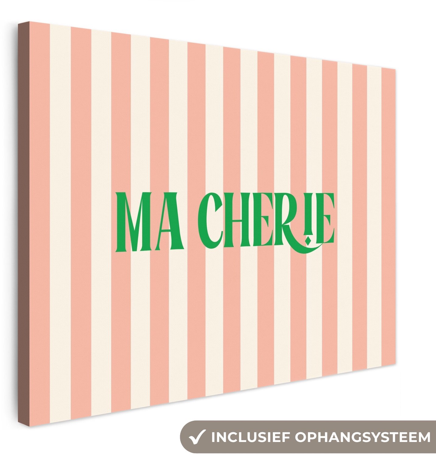 Canvas schilderij 80x60 cm - Exclusieve wanddecoratie Zachtroze - Groen - Strepen - Ma Cherie - Muurdecoratie woonkamer - Slaapkamer decoratie - Kamer accessoires - Schilderijen op canvas