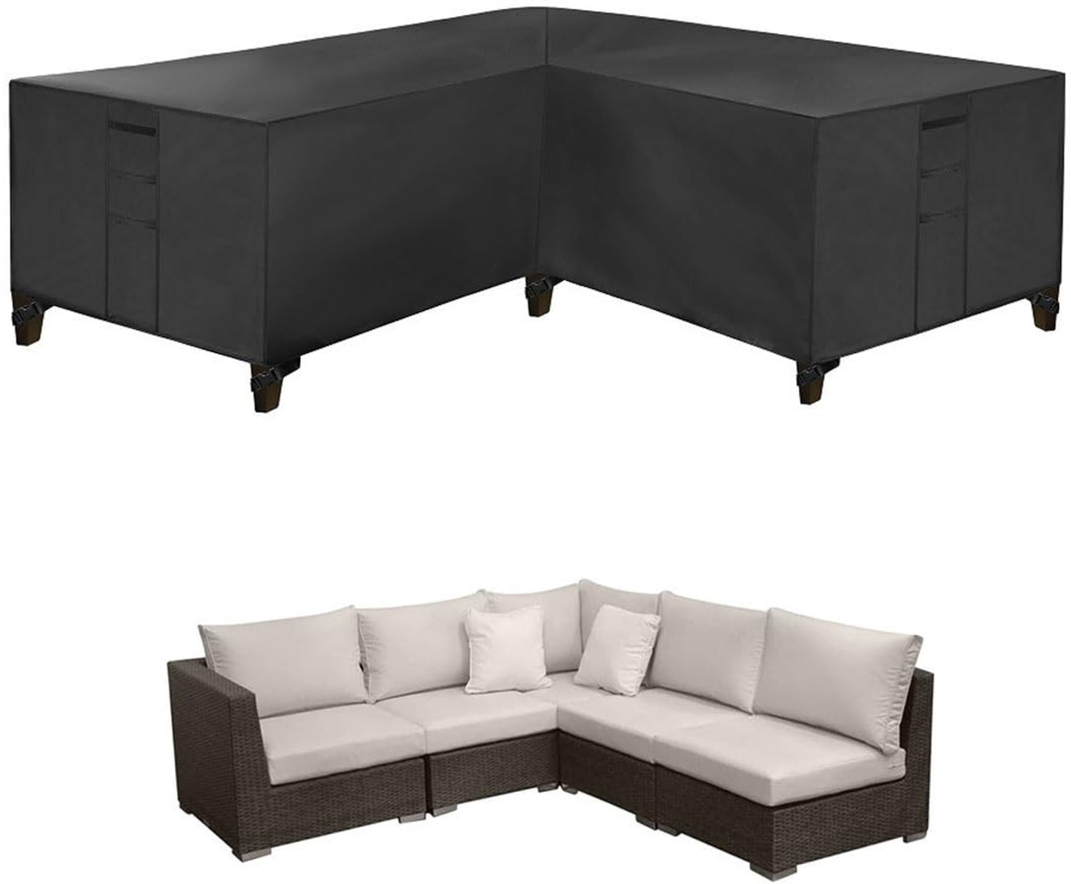 Famanu V-vormige tuinmeubelhoes 420D Heavy Duty, waterdichte buitenterras meubelhoes met opbergtas, 270 x 270 x 90 cm, ideaal voor het beschermen van je hoekbank in de tuin wit
