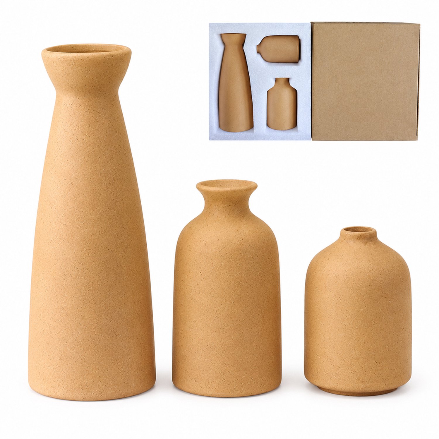 SWGOTA Keramische vazenset, 3 stuks, bruin met zwarte stippen, 22/12,5/9,5 cm hoog, voor kunstbloemen, met schuimvulling en binnendoos