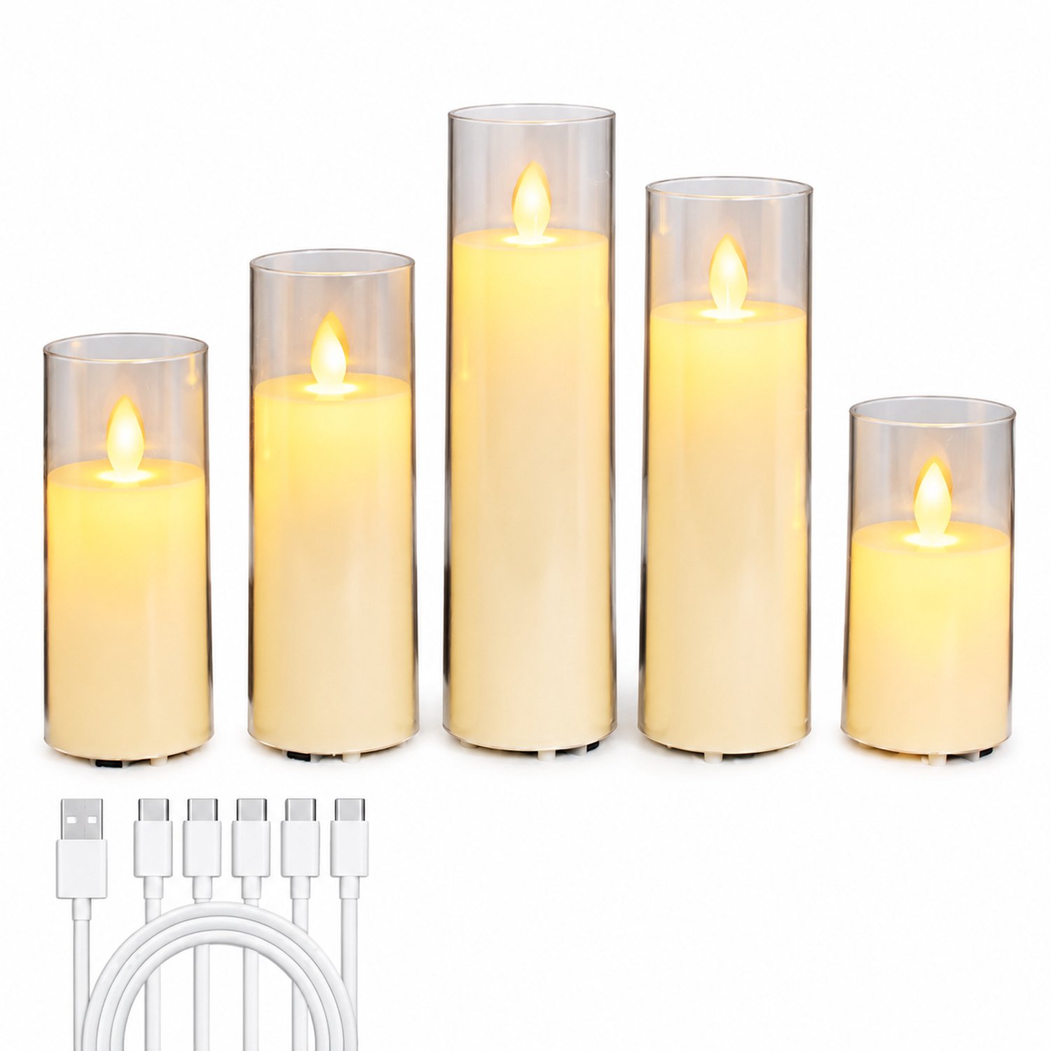 SWGOTA elektrische kaarsen, set van 5, oplaadbaar, met bewegende vlam en transparante huls, diameter 5,5 cm, hoogtes 10/12,5/15/17,5/20 cm