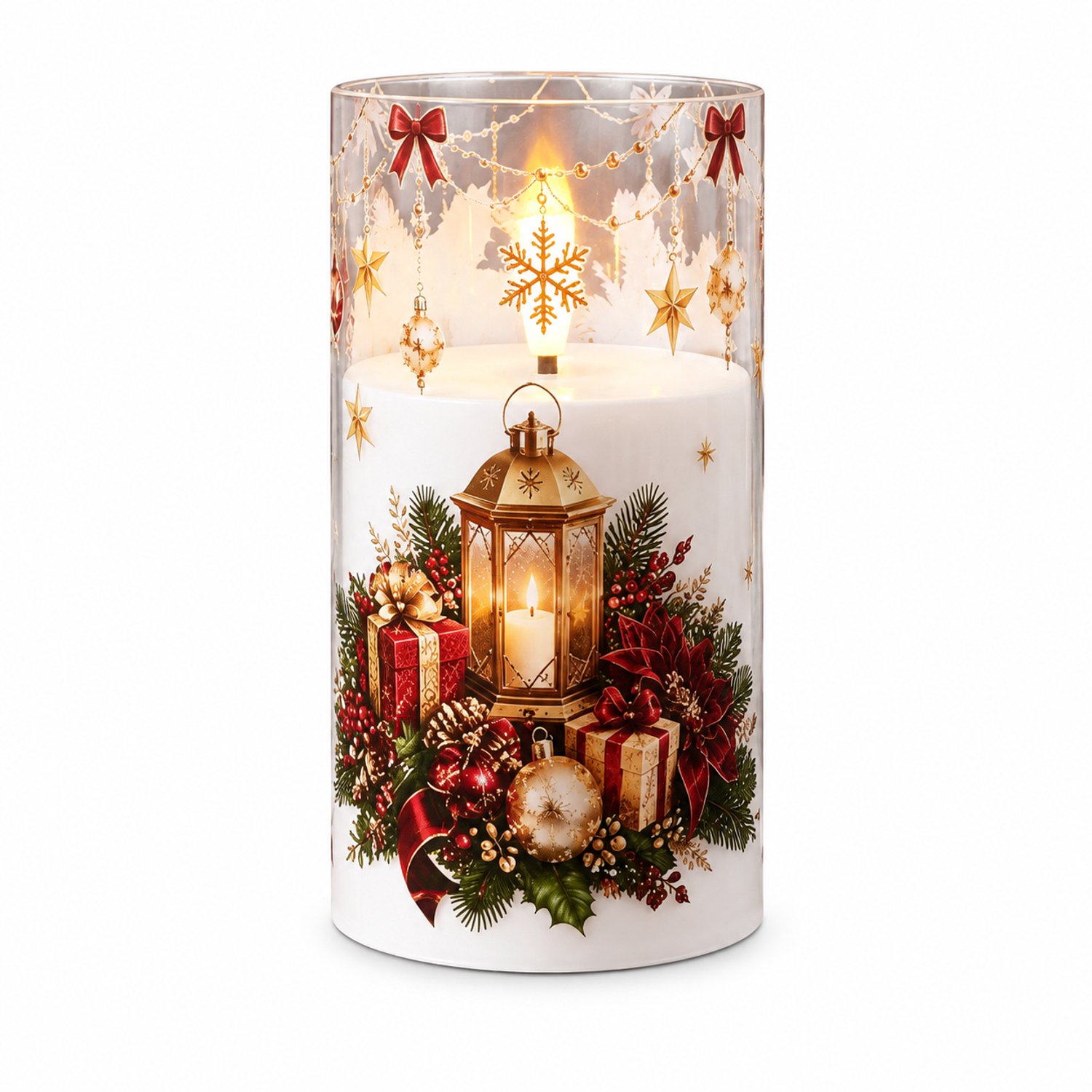 SWGOTA led kaarsen - 1 witte LED-kaars van 7,5 x 15 cm met warm licht, vlamvorm en kerstprint, op batterijen, batterijen niet inbegrepen