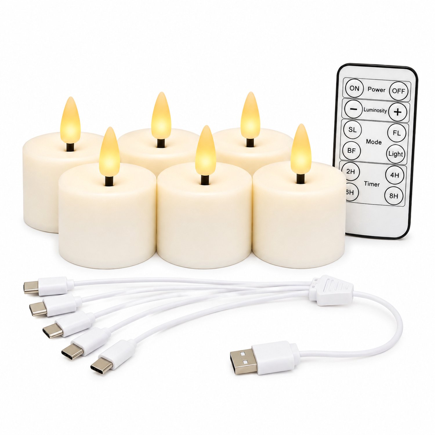 SWGOTA led kaarsen, set van 6 met warm licht en vlamvorm, oplaadbaar via USB-C, met afstandsbediening en laadkabel, zonder voet Wit